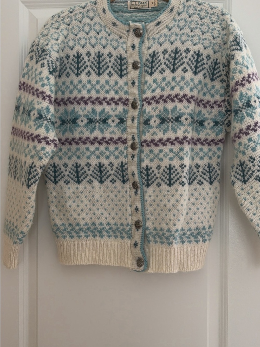 L.L. Bean Cream Fair Isle Wool Cardigan with Teal & Purple Accents - Picture 1 of 2
